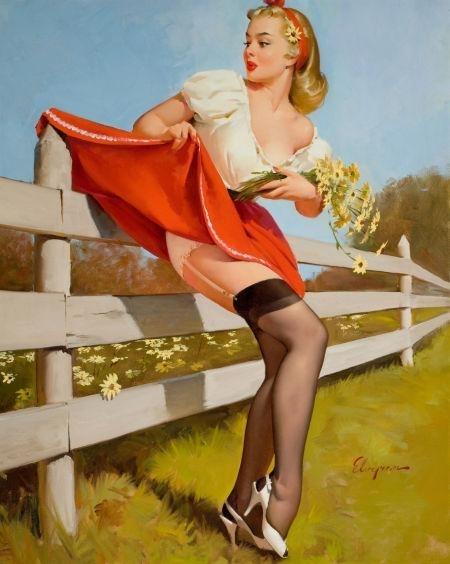 On the Fence. Artist: Gil Elvgren Home & Garden > Decor > Artwork > Posters, Prints, & Visual Artwork ArtToyourlife